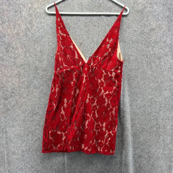 Free People Dress Women 6 Red Lace Over Nude Sleeveless Lined Mini Pencil - Picture 2 of 10